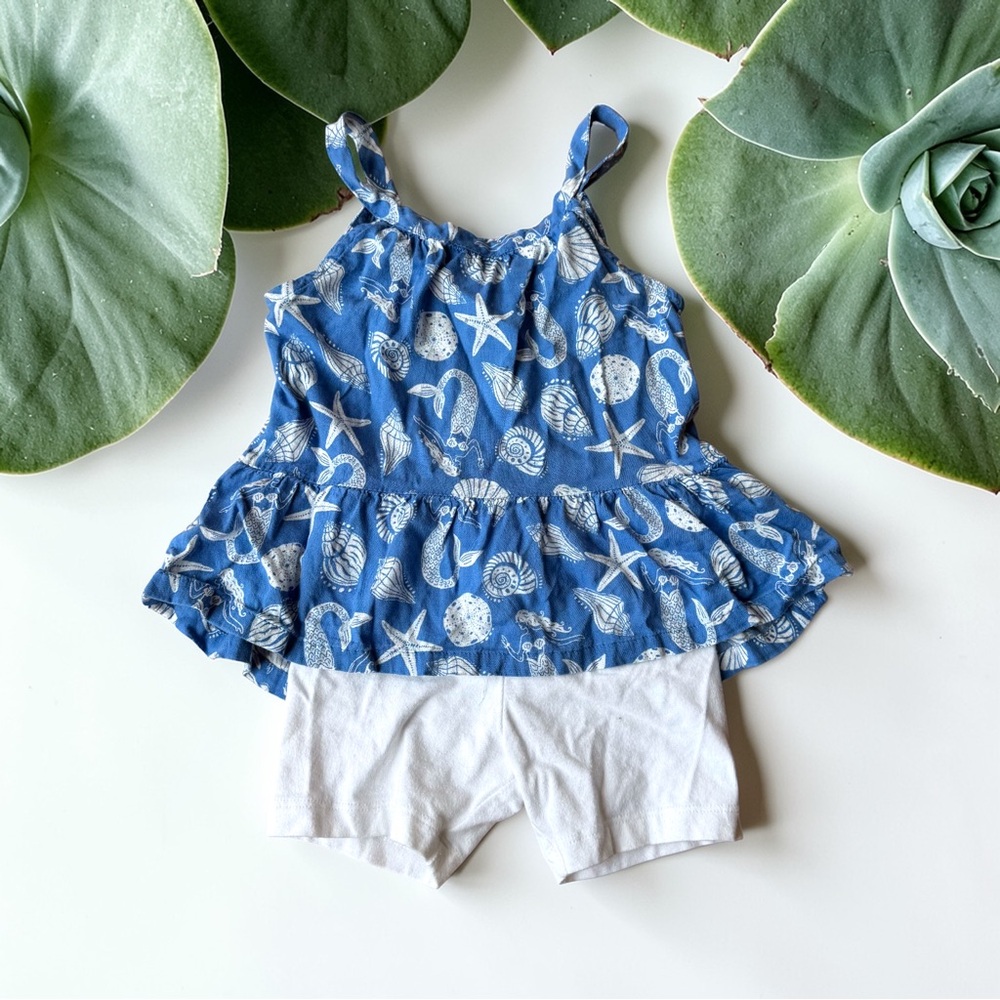✨ Old Navy Nautical Themed Blue Peplum Top & White Biker Shorts Set - 3T